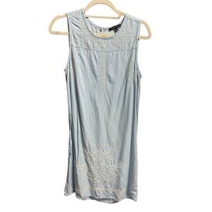Vintage Chambray Boho Shift Dress Delicate Floral Embroidery Cottage Sz S‎